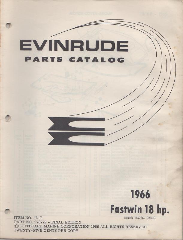 1966 evinrude outboard motor fastwin 18 hp p/n 278779 parts manual (690)