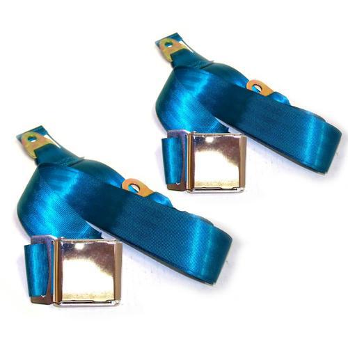 Blue chrome airplane buckle seatbelts - pair - bench or bucket seat