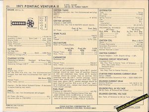 1971 pontiac ventura ii 6 cylinder 250 ci / 145 hp car sun electric spec sheet