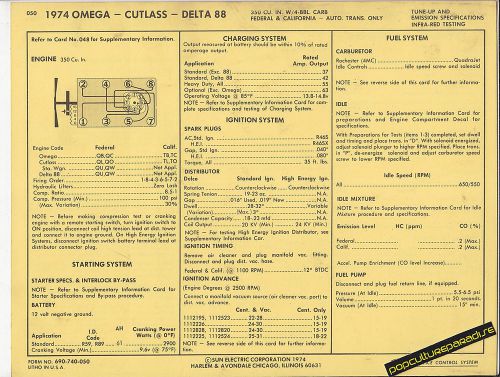 1974 oldsmobile omega/cutlass/delta 88 350 ci v8 car sun electric spec sheet