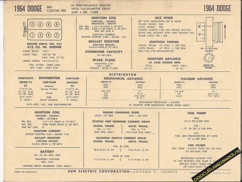 1964 dodge 880/custom 880 413 ci hi-po v8 engine car sun electronic spec sheet