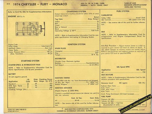 1974 dodge plymouth chrysler fury monaco 400ci 2 bbl car sun electric spec sheet