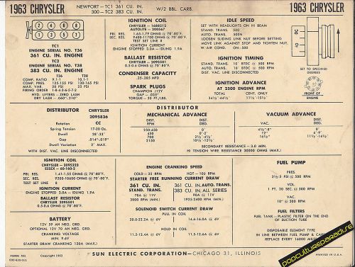 1963 chrysler newport/300 2 bbl carb 361/383 v8 car sun electronic spec sheet