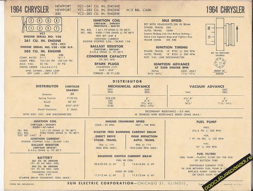 1964 chrysler newport / 300 v8 361/383 ci engine car sun electronic spec sheet