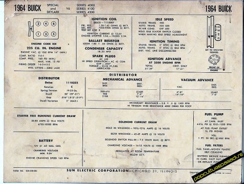 1964 buick special and skylark v6 225 ci engine car sun electronic spec sheet
