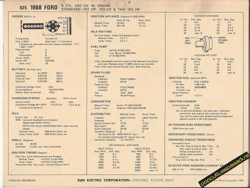 1968 ford 6 cylinder 240 ci / 150 hp police &amp; taxi car sun electronic spec sheet
