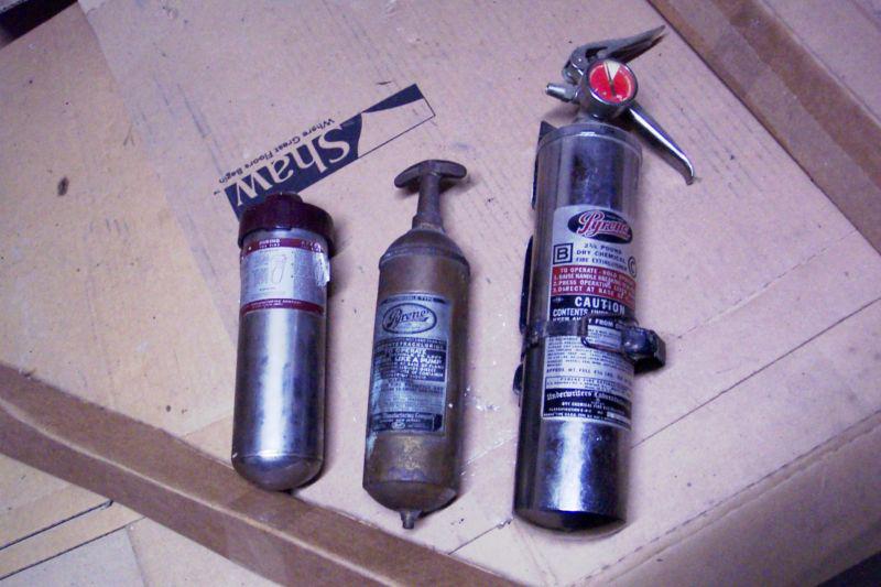 3 antique vintage pyrene automobile fire extinguishers hand pump bracket brass