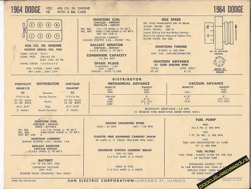 1964 dodge v8 vd2 426 ci engine 4 bbl carb car sun electronic spec sheet