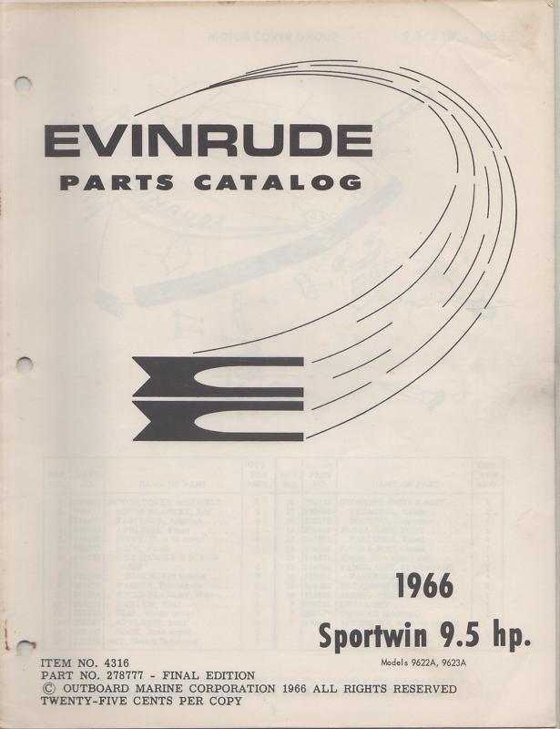 1966 evinrude outboard motor sportwin 9.5hp p/n 278777 parts manual (687)