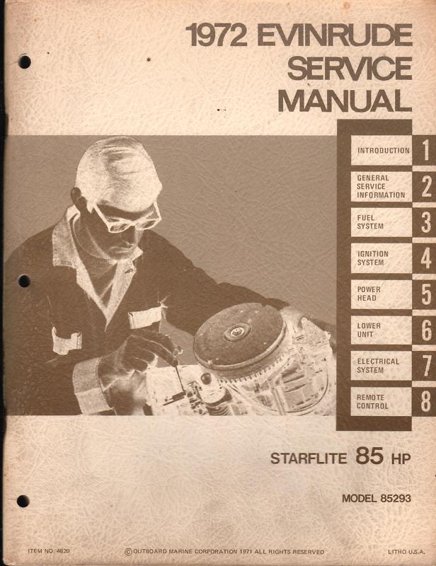 1972 evinrude outboard motor starflite 85 hp model 85293 service manual  (970)
