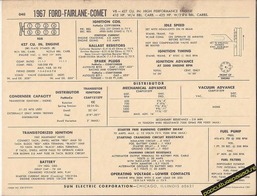 1967 ford fairlane/mercury comet v8 427/410-425 hp car sun electronic spec sheet