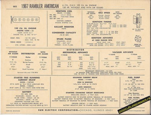 1967 amc rambler american motors 199ci/128 hp car sun electronic spec sheet