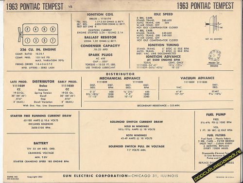 1963 pontiac tempest v8 326 ci engine car sun electronic spec sheet