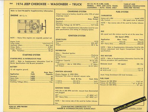 1974 jeep cherokee/wagoneer/truck 401 ci v8 engine car sun electric spec sheet