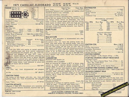 1971 cadillac eldorado 472 ci / 345-365 hp engine car sun electric spec sheet