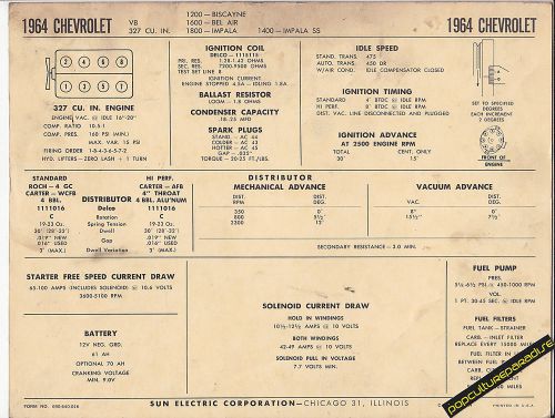 1964 chevrolet biscayne/bel air/impala/ss 327 v8 car sun electronic spec sheet