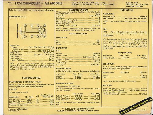 1974 chevrolet all models 350 ci 4 bbl camaro+ car sun electric spec sheet