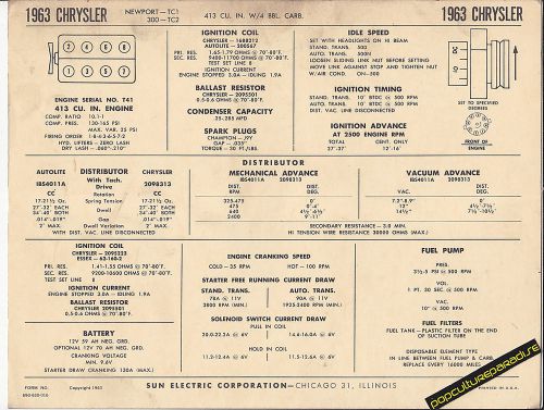 1963 chrysler newport/300 4 bbl carb 413 ci v8 car sun electronic spec sheet