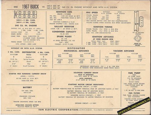 1967 buick v8 340 ci / 220-260 hp engine car sun electronic spec sheet
