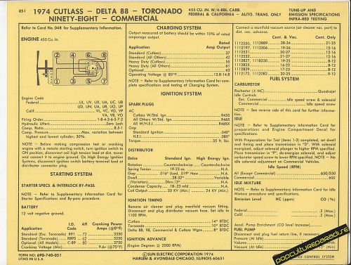 1974 oldsmobile cutlass/delta 88/toronado/98 455 ci car sun electric spec sheet