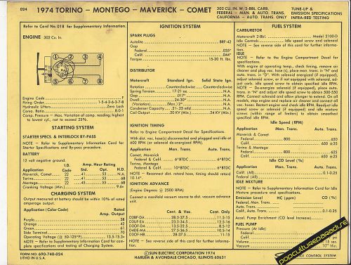 1974 ford mercury maverick comet torino montego 302 car sun electric spec sheet