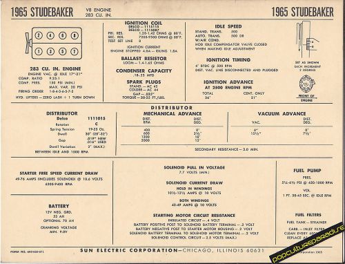 1965 studebaker v8 283 ci engine car sun electronic spec sheet
