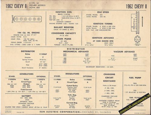 1962 chevrolet chevy ii 6 cylinder l4 194 ci car sun electronic spec sheet