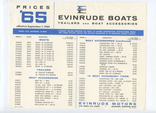 Evinrude boat trailers accessories price list 1965