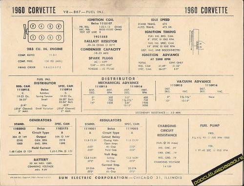 1960 chevrolet corvette v8 283 ci fuel inj. engine car sun electronic spec sheet