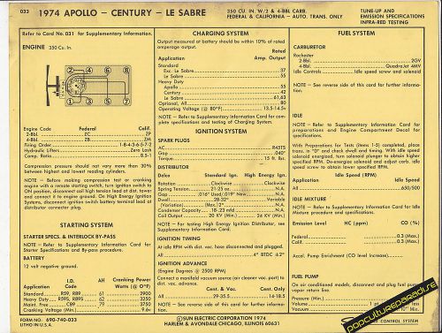1974 buick apollo/century/le sabre 350 ci v8 car sun electric spec sheet