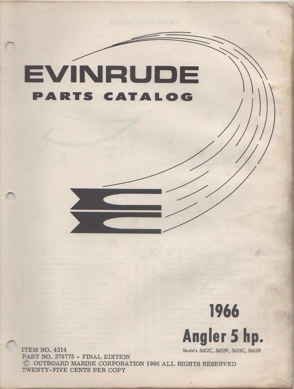 1966 evinrude outboard motor angler 5hp p/n 278775 parts manual (689)