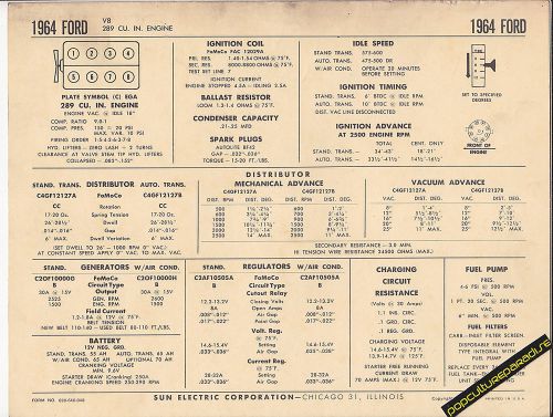 1964 ford v8 289 ci engine car sun electronic spec sheet