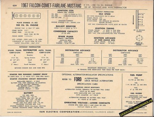 1967 ford falcon/comet/fairlane/mustang 200 ci 120 car sun electronic spec sheet