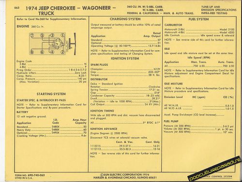 1974 jeep cherokee/wagoneer/truck 360 ci v8 engine car sun electric spec sheet