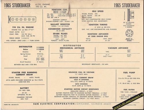 1965 studebaker 6 cylinder 194 ci engine car sun electronic spec sheet