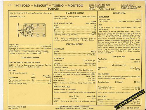 1974 ford mercury torino montego (police) 460 ci v8 car sun electric spec sheet