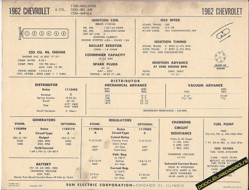 1962 chevrolet 6 cylinder biscayne/bel air/impala car sun electronic spec sheet