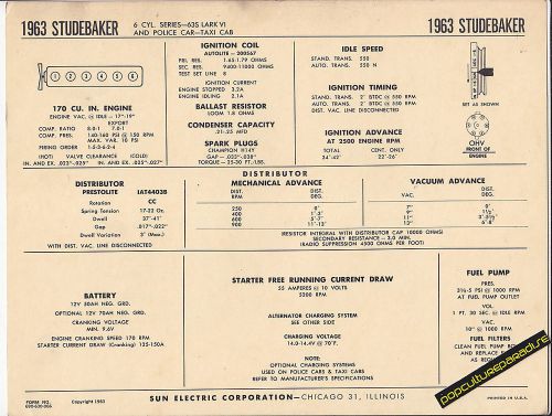 1963 studebaker 6 cylinder 170 ci lark/police/taxi car sun electronic spec sheet