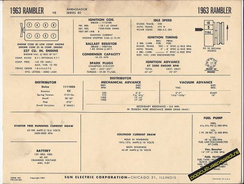 1963 amc rambler ambassador series 80 327 ci v8 car sun electronic spec sheet