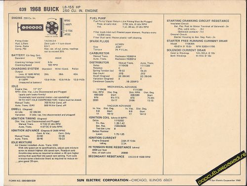 1968 buick l6-155 hp 250 ci 6 cylinder engine car sun electronic spec sheet