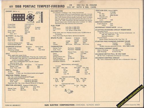 1968 pontiac tempest/firebird v8 350ci/320 hp car sun electronic spec sheet