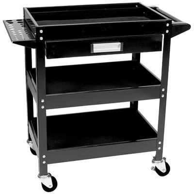 Shop cart steel 3-shelf with drawer 30x18in shelf 4-swivel casters black