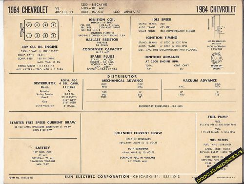 1964 chevrolet biscayne/bel air/impala/ss 409 v8 car sun electronic spec sheet