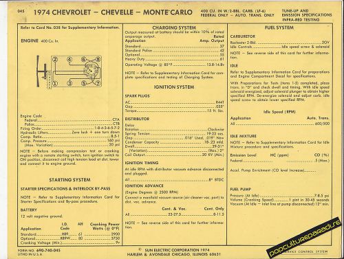 1974 chevrolet chevelle/monte carlo 400 ci v8 2 bbl car sun electric spec sheet