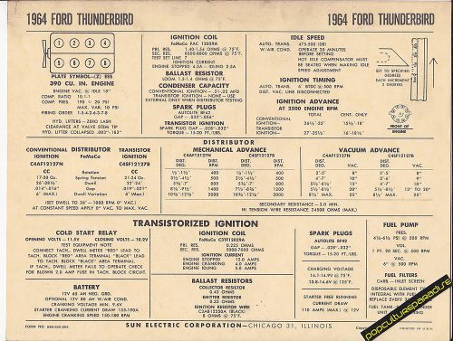 1964 ford thunderbird 390 ci v8 engine car sun electronic spec sheet