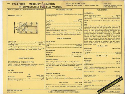 1974 ford mercury lincoln mid- &amp; full-size 460 ci v8 car sun electric spec sheet