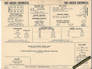 1963 lincoln continental 430 ci v8 engine car sun electronic spec sheet