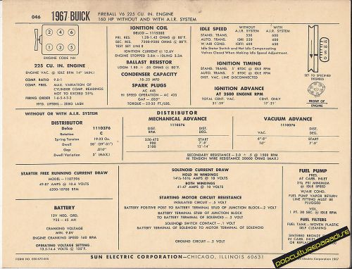 1967 buick fireball v6 225 ci 160 hp engine car sun electronic spec sheet