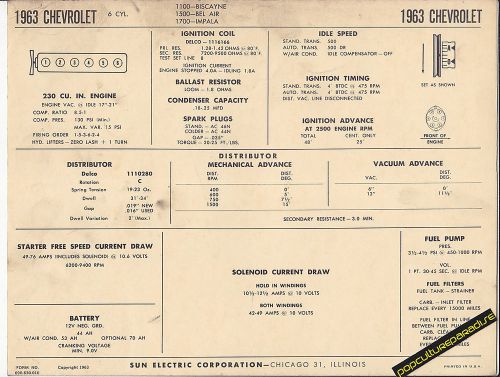1963 chevrolet inline 6 biscayne/impala/bel air car sun electronic spec sheet