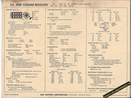 1968 ford mercury cougar v8 390 ci / 280 hp 2 bbl car sun electronic spec sheet